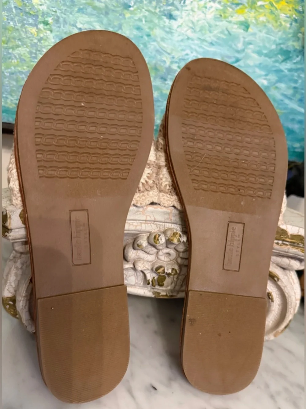 Haute Hippie Cream Crochet Slide Sandals with Tan Footbed